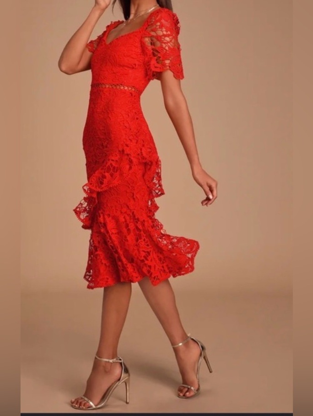 Lulu's Red Lace Midi Dress with Ruffle Details